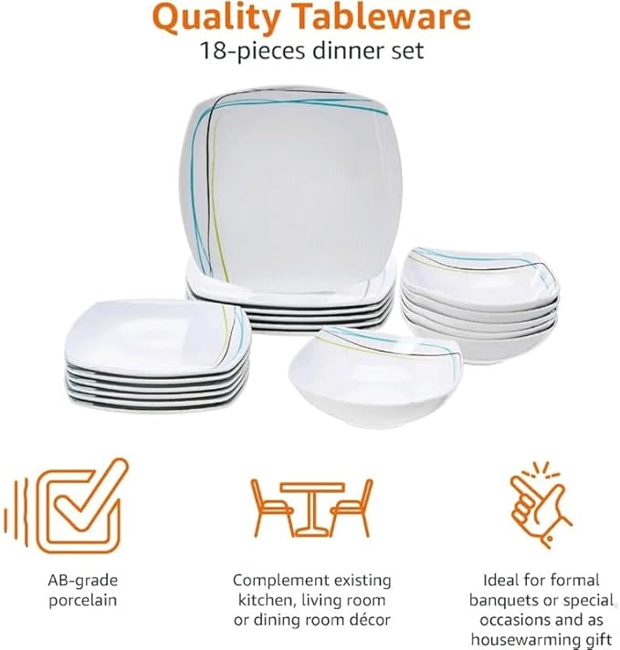 18-Piece Kitchen Dinnerware Set Square Plates Bowls Service for 6 Everyday Use Dinnerware Sets
