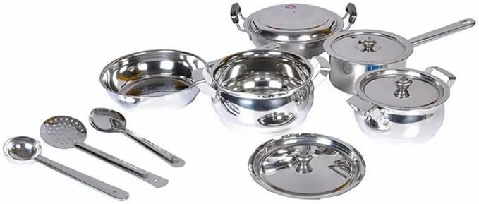 Kitchen Cookware Sets 12-Piece Basic Stainless Steel Induction Pots and Pans Serving Spoons - Oven &amp Dishwasher Safe Easy to Clean Heavy Duty Silver