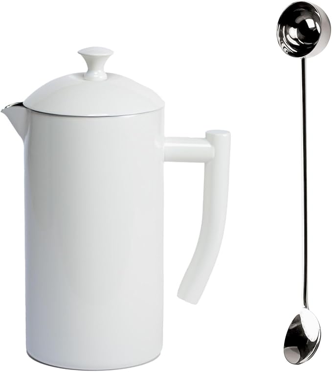 Frieling Double-Walled Stainless Steel French Press Coffee Maker Snow White 34 Ounce Plus 18/10 Stainless Steel Coffee Scoop/Stirrer 2 TBLS