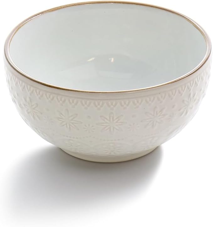 16 Piece Ivory Stoneware Dinnerware Set – Embossed Plates with Scalloped Edges and Double Bowl Design Microwave &amp Dishwasher Safe Elegant Tableware Set for 4