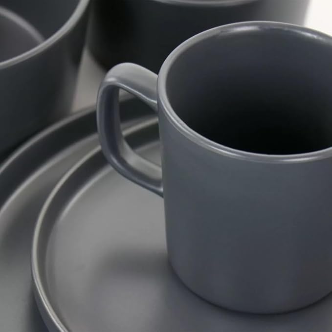 16 Piece Stoneware Dinnerware Set – Modern Matte Finish Plates and Bowls Microwave &amp Dishwasher Safe Service for 4 (Dark Gray)