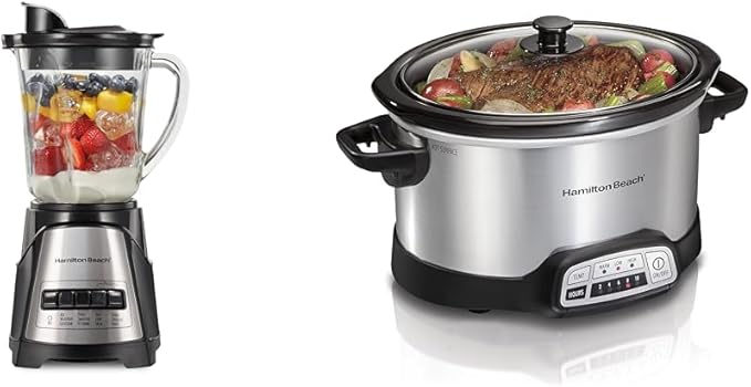 Hamilton Beach Power Elite Wave Action blender-for Shakes &amp Smoothies &amp Programmable Slow Cooker with Flexible Easy Programming 5 Cooking Times Dishwasher-Safe Crock Lid 4 Quart Silver