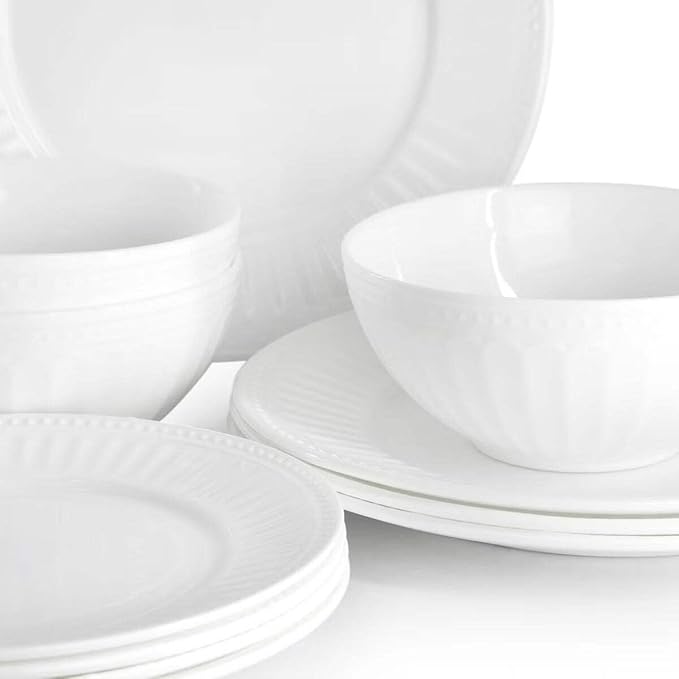 Swanton Arch 12 Piece Glass Dinnerware Set Break-Resistant White Plates and Bowls Service for 4 Microwave and Dishwasher Safe