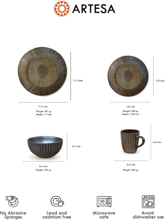 Artesa Organics Shell Café Ceramic Dinnerware Set Handmade 4-Piece Place Setting – Plate Bowl Mug – Black Metallic Artisan Design