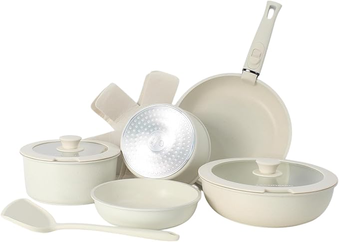 11 PCS Pots and Pans Set Non Stick Cookware Set With Removable Handles White Cookware Set Suitable for Induction Cooktops/Gas Stoves/Microwave Ovens