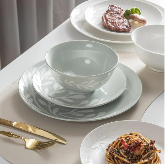 12-Piece Stoneware Dinnerware SetMicrowave &amp Dishwasher Safe Includes Dinner Plates Salad Plates Bowls and Mugs Service for 4