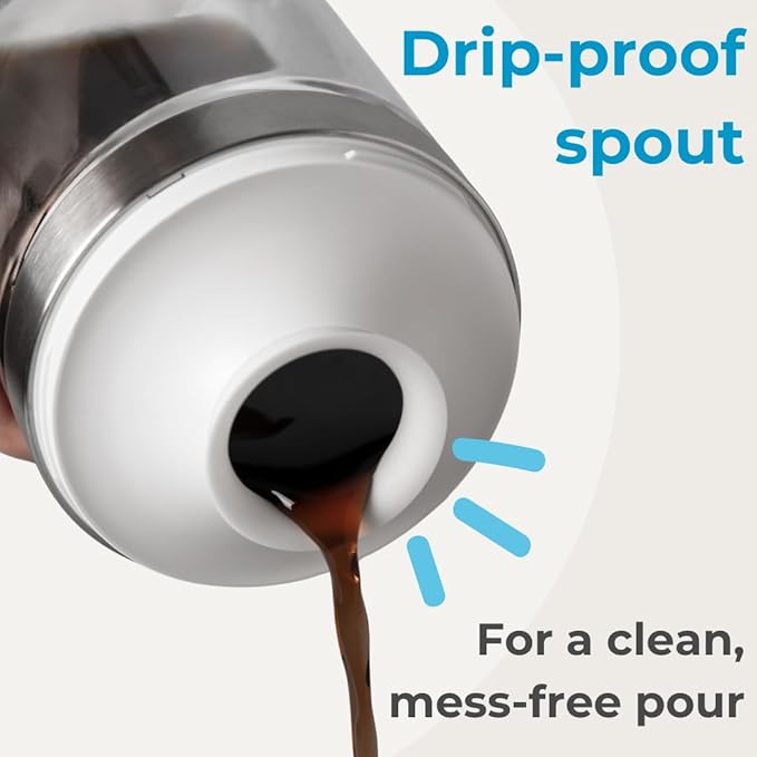 Cold Brew Coffee Maker Set (Brewer &amp Carafe) Up to 12 Servings of Concentrate Reusable Stainless Steel Dual Filter Durable Borosilicate Glass &amp Spill-Proof Pouring Spout 16.9 fl oz / 500ml