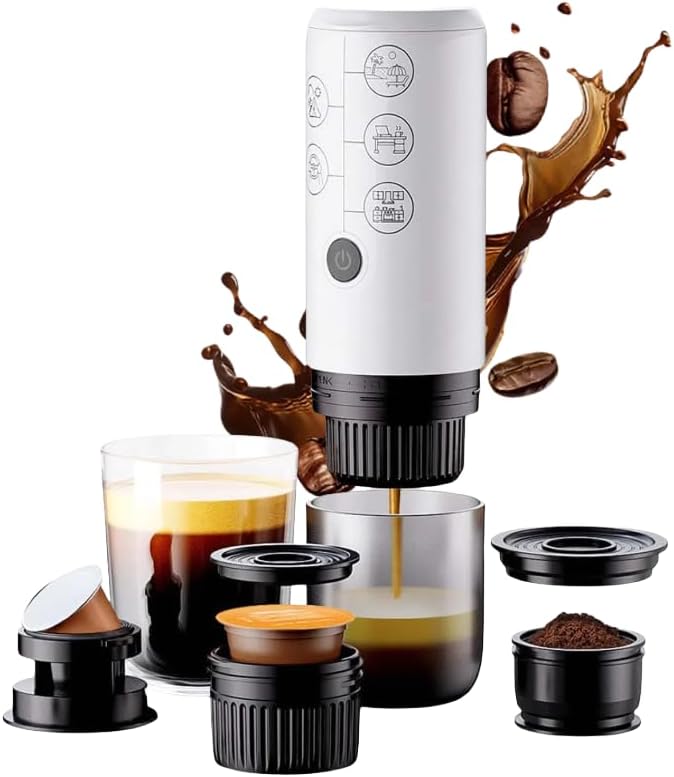 Portable Espresso Machine Mini 12V Rechargeable 3-in-1 Multi-Function Electric Coffee Machine One Key Extraction Compatible with NS &amp DG Capsules and Ground Coffee for Office Home (White)