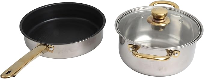 Ergonomic Stainless Steel Cookware Set with Gold Handles Multifunctional Pots and Pans with Glass Lids Ideal for the Kitchen