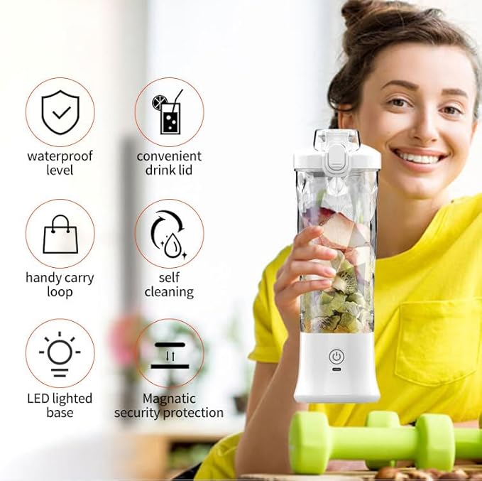 Portable Blender Personal Blender for Shakes and Smoothies USB Rechargeable Mini Juicer Cup with 6 Blades and Lid Self Cleaning 23oz Single Serve Blenders for Travel Home Office Camping
