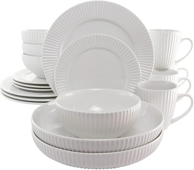 18 Piece Elle Porcelain Dinnerware Set with 2 Large Serving Bowls White