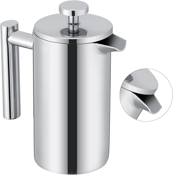 350ML French Press Coffee Maker Stainless Steel Tea Pot with Double Wall Insulated for Hot Coffee and Tea Cool Touch Handle for Pouring Mirror