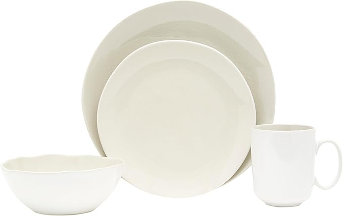 White and Natural Sixteen Piece Round Ceramic Service For Four Dinnerware Set