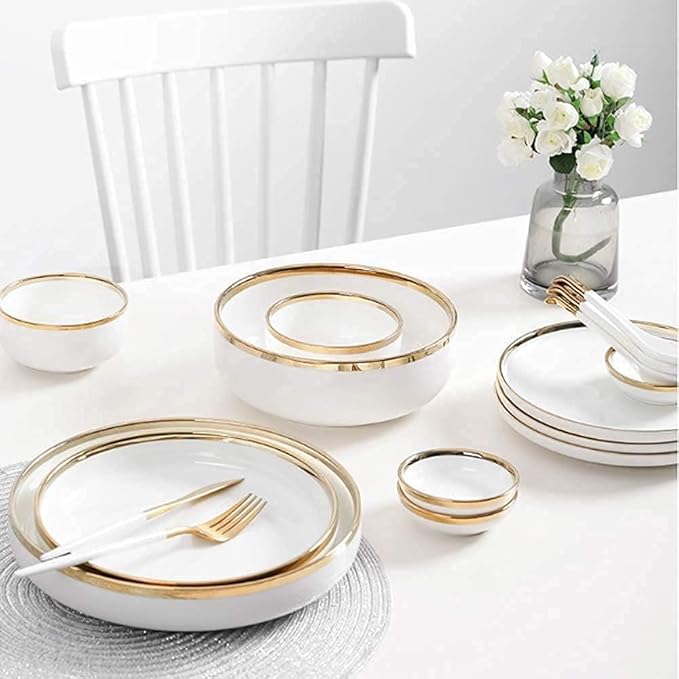 Dinnerware Set Dinner Party Tableware Service Set Dinnerware Sets Service for 2/4/6 Kitchen Plates and Bowls Sets White Luxury Bone China Tableware Nordic Gold Porcelain Dish Set (18Pcs)
