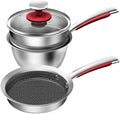 2-Piece Non-Stick Stainless Steel Cookware Set – Frying Pan &amp Milk Pot with Lid Honeycomb Texture Dishwasher Safe
