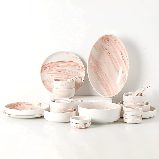 Kitchen Tableware SetCeramics Dinnerware Set Pink Marbling Chip Resistant Dinner Set/Porcelain Combination Tableware-Plates and Bowls Set for Indoor Outdoor Party