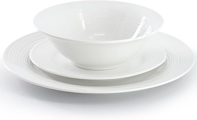 Everyday Embossed 12 Piece Ceramic Dinnerware Set Round White Plates and Bowls Dishwasher &amp Microwave Safe