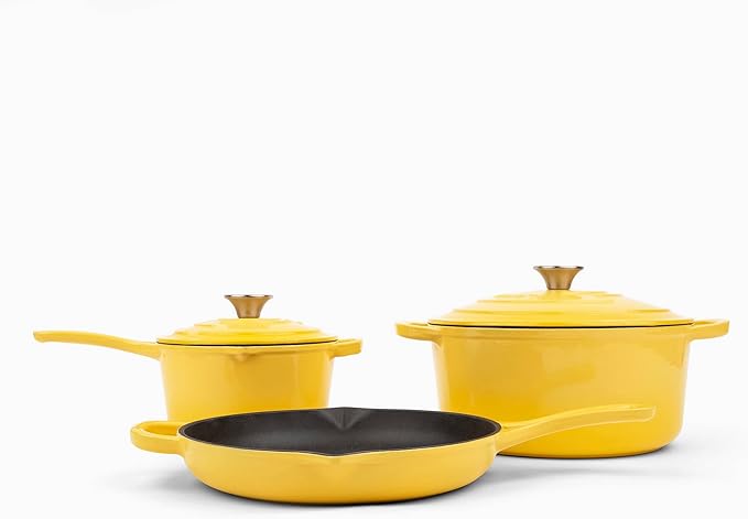 Larder &amp Vine 5-Piece Enameled Cast Iron Cookware Set - Includes 5.7 Quart Dutch Oven with Lid 10.25 Inch Skillet 2.2 Quart Saucepan with Lid (Limoncello)