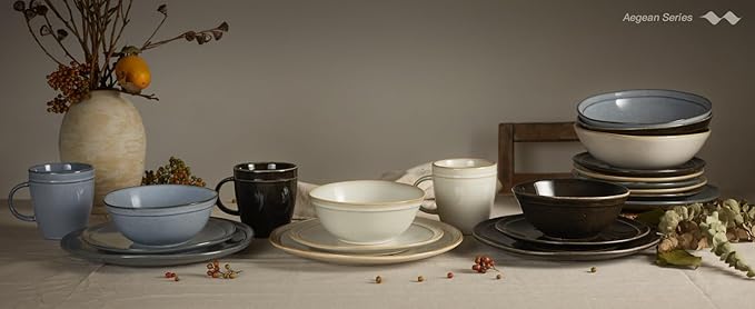 Famiware Aegean Stoneware Dinnerware Set for 4 Plates and Bowls Sets 12-Piece Scratch-Resistant Dinner Plate Set Handmade Irregular Round Dishes - Microwave and Dishwasher Safe Cappuccino White