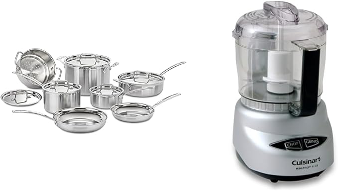 Cuisinart 12 Piece Cookware Set MultiClad Pro Triple Ply Silver MCP-12N &amp Food Processor Mini-Prep 3 Cup 24 oz Brushed Chrome and Nickel DLC-2ABC