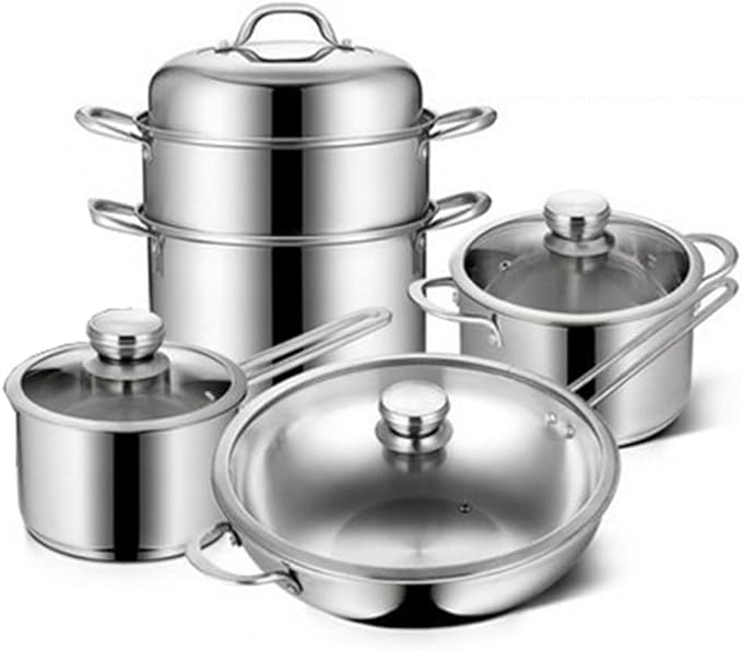 Cookware Set Stainless Steel Household Frying Pan Soup Pot Set Tool Steamer Frying Pan Glass Lid Kitchen Utensils (Color : A Size A (A
