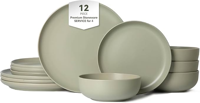 12-Piece Stoneware Dinnerware Set for 4 10 Plates &amp 7.5 Salad Plates &amp 5.9 Bowls Microwave &amp Dishwasher Safe Stackable Matte Glaze Kitchenware Chip &amp Scratch Resistant(Green)