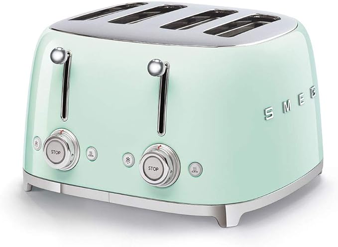 Smeg 50's Style Retro Aesthetic 4 Slice Toaster 6 Presets Extra Wide Slots Pastel Green TSF03PGUS