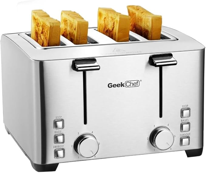 1500W Toaster 4Slice 4-Slot Bagel Croissant Waffles Donuts Defrost with Warming Rack Stainless Steel GTS4C