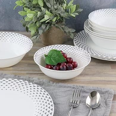 12-Piece Opal Glass Dinnerware Set – Break Resistant White Plates and Bowls with Color Accents Microwave Dishwasher &amp Freezer Safe Tableware for 4 (Grey)