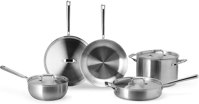 Misen 5-Ply Stainless Steel Cookware Set - Versatile Dishwasher Safe - 9-Piece Set - 10 Skillet 12 Skillet + Lid 3 QT Saute Pan + Lid 3 QT Saucier + Lid 8 QT Stockpot + Lid
