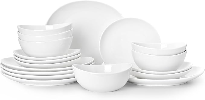 Sweese 18-Piece Dinnerware Sets for 6 Porcelain Plates and Bowls Set Scratch Resistant Dishes Microwave and Oven Safe Dishware Snow White