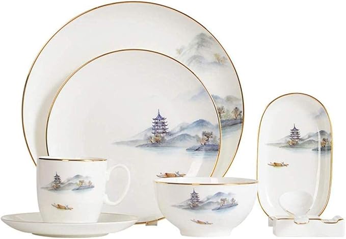 Pottery Tableware8 Pieces Landscape Painting Porcelain Dinnerware Set Ceramic Plate Combination Sets Dinner Plate Dessert Plate Bowl and Mug