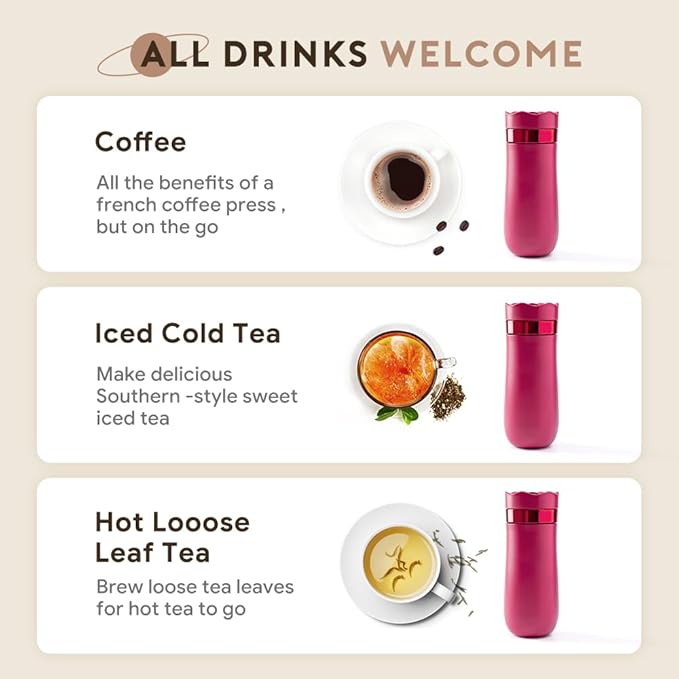 BENFUCHEN Travel Coffee Press Vacuum Insulated Portable French Press Stainless Steel Portable Coffee Maker/Tea Press 12oz Rose Red