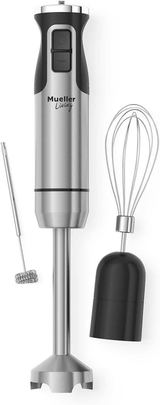MuellerLiving Ultra-Stick Immersion Hand Blender 500W Heavy Duty Motor 8-Speed Turbo Setting Includes Blending Shaft Whisk Milk Frother &amp Measuring Beaker