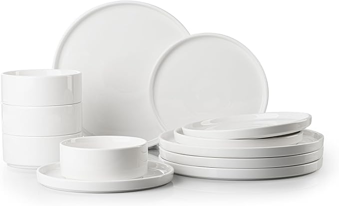 12 Pieces Plates and Bowls SetsWhite Dish Set for 4Premium Serving Dinnerware Sets Chip and Scratch Resistant Dishware Sets Kitchen Dishes Dining Ware Set