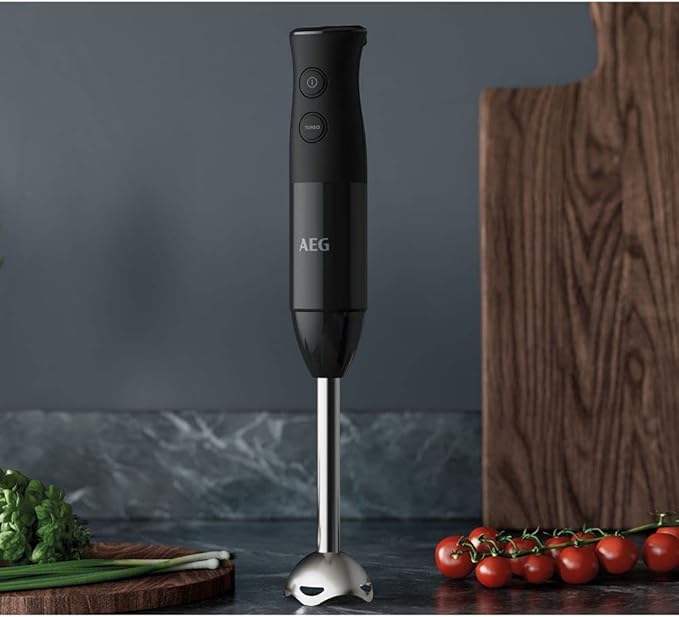 AEG HB4-1-6GG hand blender including 2 stainless steel blades comprehensive accessories BPA-free 2 speed settings turbo function dishwasher safe brushed stainless steel / grey