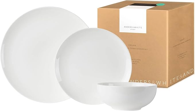 Anders and White 'Coupe' - White Vegan Friendly Bone China Dinner Set. 12 Pieces Dinnerware Set. Contains 4X Dinner Plates Side Plates and Bowls.