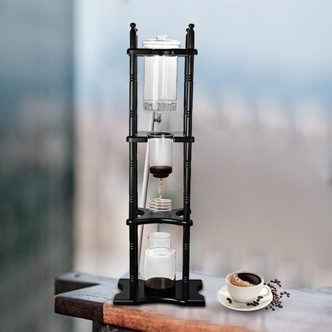 Cold Brew Coffer Tower Slow Drip Coffee Tower Ice Coffe Maker Ice Brew Coffee Machine with Pine Wood Stand Galss Ice Coffee Machine for Household Cafe 84 OZ