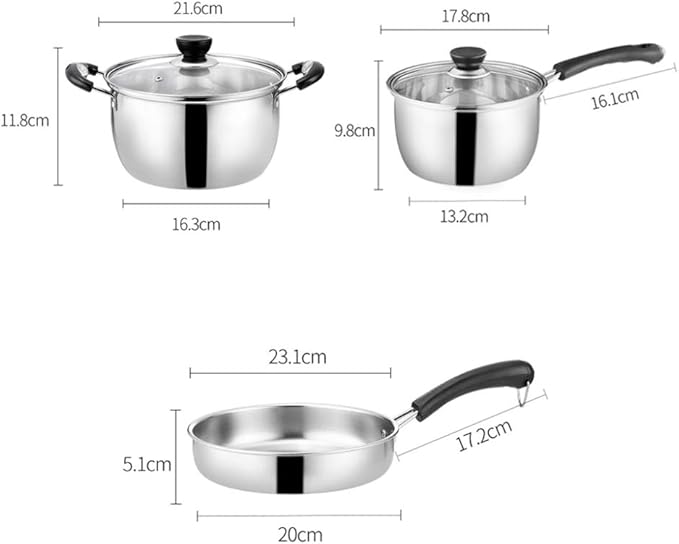 Cooking Pot Stainless Steel Saucepan Set Professional Grade Kitchen Cookware with Tempered Glass Lids and Silicone Handles 3 Piece (Bakelitehandle)