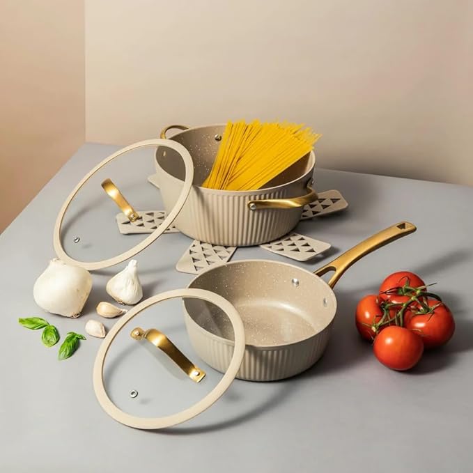 12 Pc Ceramic Cookware Set Nonstick Pots Pans and Fry Pans – Ceramic Non-Stick Ribbed Cookware Set Ergonomic Stay Cool Handles 446°F Oven Safe Dishwasher Safe (Taupe)