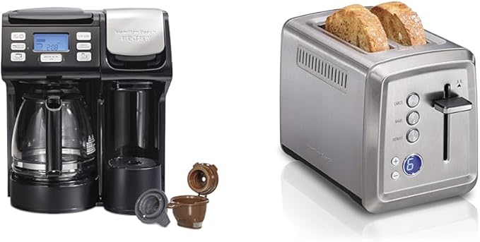 Hamilton Beach FlexBrew Trio 2-Way Coffee Maker Compatible with K-Cup Pods or Grounds &amp 2 Slice Toaster with Extra-Wide Slots Bagel Setting Toast Boost