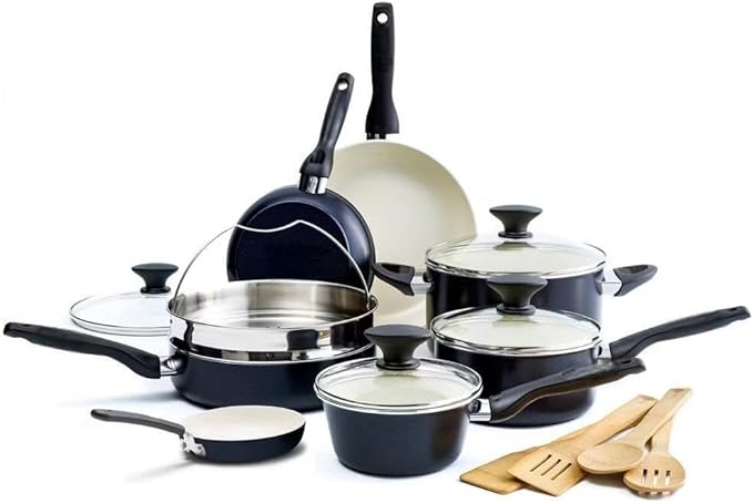 16 Piece Cookware Pots and Pans Set Hard Anodized Healthy Ceramic Nonstick PFAS-Free Bakelite Handles Frypans Saucepan Saute Pan Stock Pot Kitchen Tools Dishwasher Safe Black