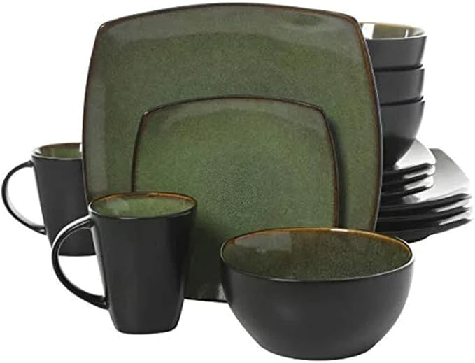 TRP 16 Piece Square Two-Tone Stoneware Dinnerware Set Green/Black Reactive Glaze Finish Dishwasher and Microwave Safe Expertly Crafted