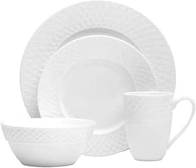 Mikasa Trellis Bone China 16-Piece Dinnerware Set Service for 4 White Lightweight Porcelain with Textured Design Chip-Resistant and Dishwasher Safe