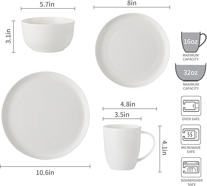 16Piece Bone China Dinnerware Set with Minimalist Pure White Design Embossed Plates Bowls mugs Chip-Resistant Lightweight Elegant and Durable Service for 4 White