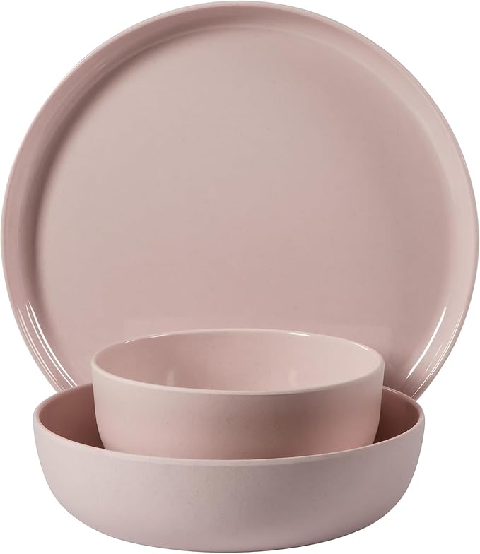 12 Piece Wheat Straw Melamine Dinnerware Set – Lightweight Plates and Bowls Service for 4 Durable &amp Dishwasher Safe Pink