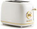 2-Slice Toaster Wide Slots 7 Bread Shade Settings Stainless Steel Bagel Cancel and Defrost Functions Removable Crumb Tray Retro Style ToasterMatte White and Gold