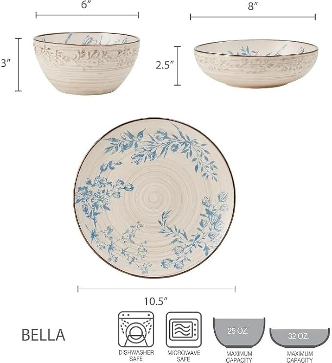 12 Piece Dinnerware Set Service for 4 Family Dinner Party Plate Pasta Bowl Stoneware