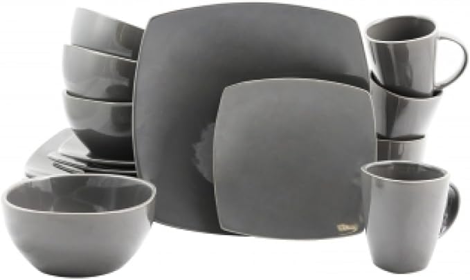 16-Piece Soho Lounge Square Gray Dinnerware Set – Modern Stoneware Dish Set for 4 – Reactive Glaze Finish – Microwave &amp Dishwasher Safe