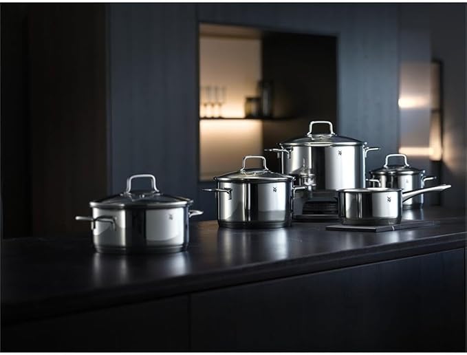 WMF Pot Set 4-Piece Astoria Pouring Rim Glass Lid Cromargan Stainless Steel Polished Suitable for Induction Hobs Dishwasher-Safe